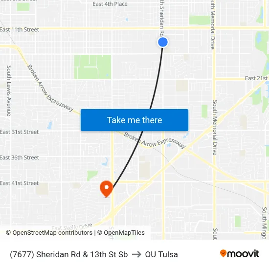 (7677) Sheridan Rd & 13th St Sb to OU Tulsa map
