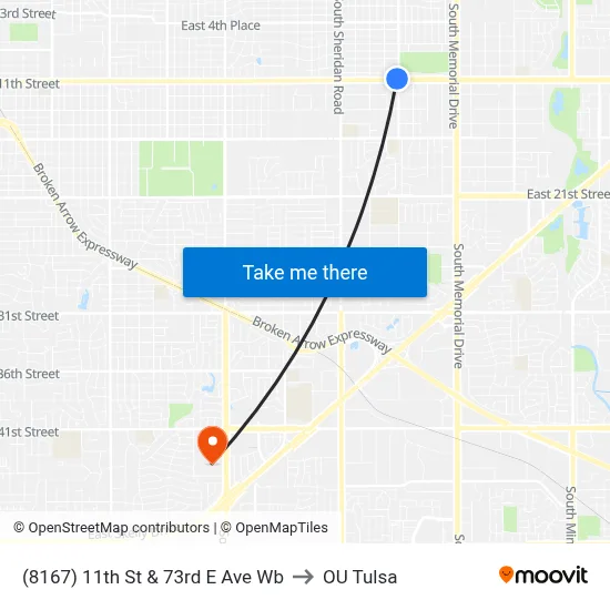 (8167) 11th St & 73rd E Ave Wb to OU Tulsa map