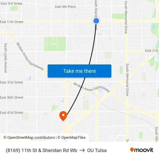 (8169) 11th St & Sheridan Rd Wb to OU Tulsa map