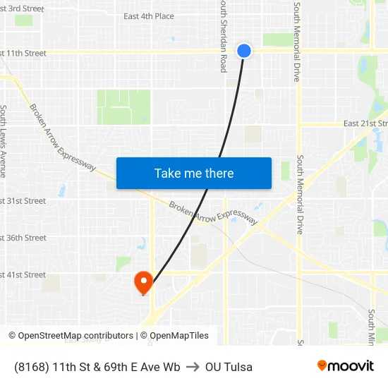 (8168) 11th St & 69th E Ave Wb to OU Tulsa map