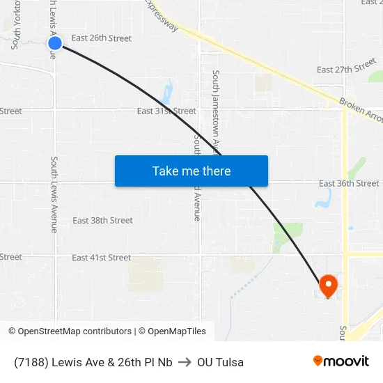 (7188) Lewis Ave & 26th Pl Nb to OU Tulsa map