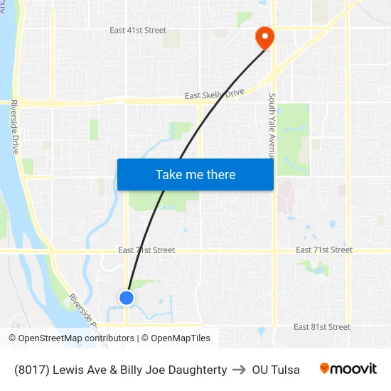 (8017) Lewis Ave & Billy Joe Daughterty to OU Tulsa map