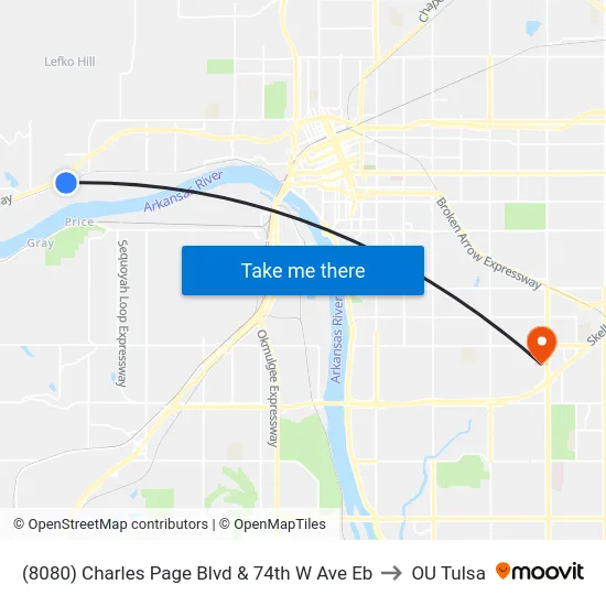 (8080) Charles Page Blvd & 74th W Ave Eb to OU Tulsa map