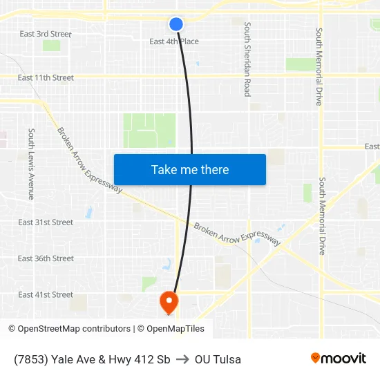 (7853) Yale Ave & Hwy 412 Sb to OU Tulsa map