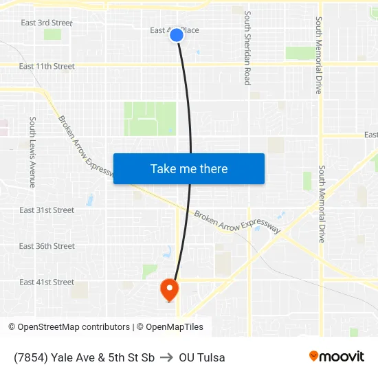 (7854) Yale Ave & 5th St Sb to OU Tulsa map