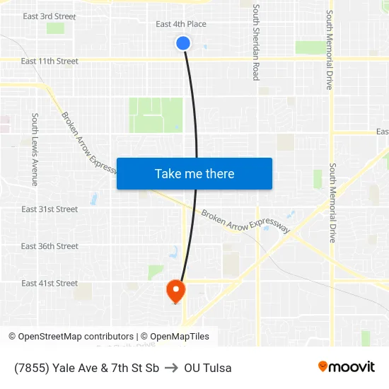 (7855) Yale Ave & 7th St Sb to OU Tulsa map