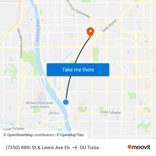 (7350) 88th St & Lewis Ave Eb to OU Tulsa map