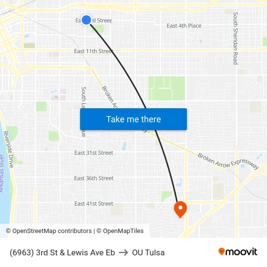 (6963) 3rd St & Lewis Ave Eb to OU Tulsa map
