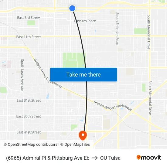(6965) Admiral Pl & Pittsburg Ave Eb to OU Tulsa map