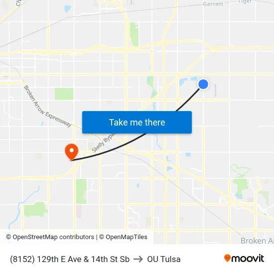 (8152) 129th E Ave & 14th St Sb to OU Tulsa map