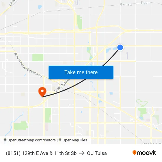 (8151) 129th E Ave & 11th St Sb to OU Tulsa map