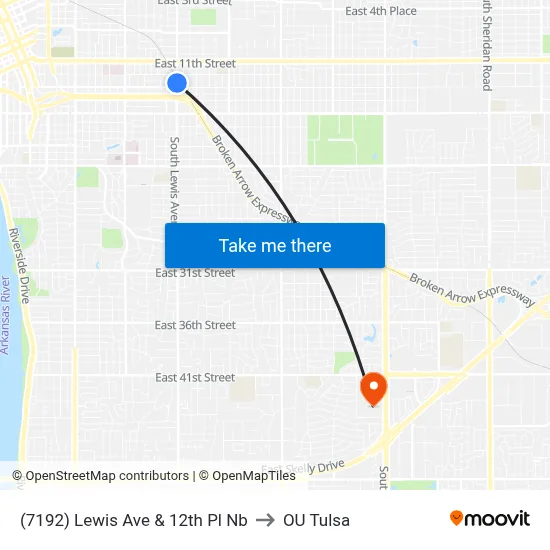 (7192) Lewis Ave & 12th Pl Nb to OU Tulsa map