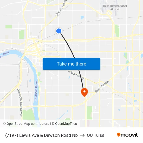 (7197) Lewis Ave & Dawson Road Nb to OU Tulsa map