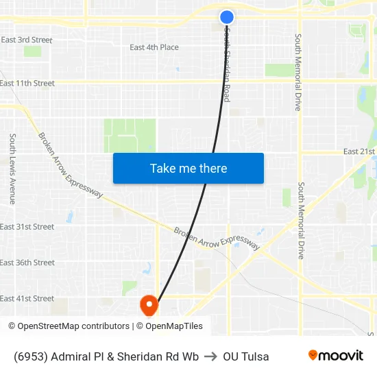 (6953) Admiral Pl & Sheridan Rd Wb to OU Tulsa map