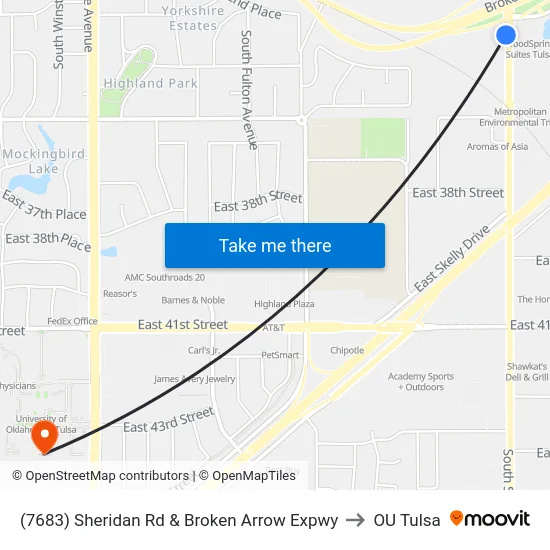 (7683) Sheridan Rd & Broken Arrow Expwy to OU Tulsa map