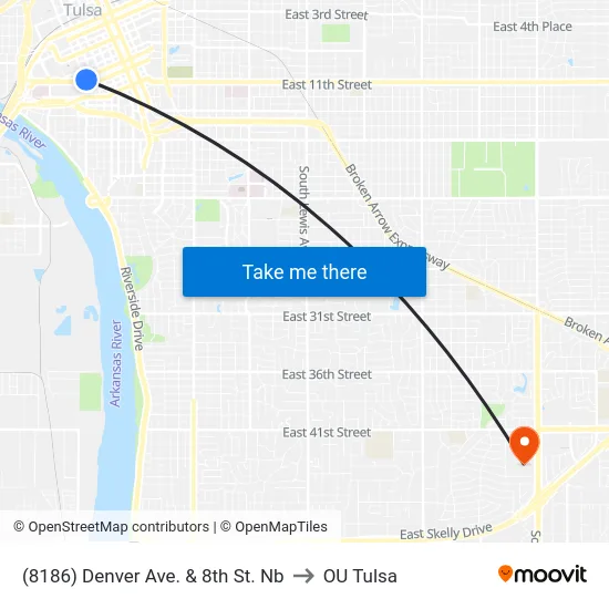 (8186) Denver Ave. & 8th St. Nb to OU Tulsa map