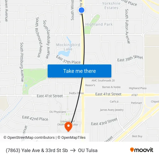 (7863) Yale Ave & 33rd St Sb to OU Tulsa map