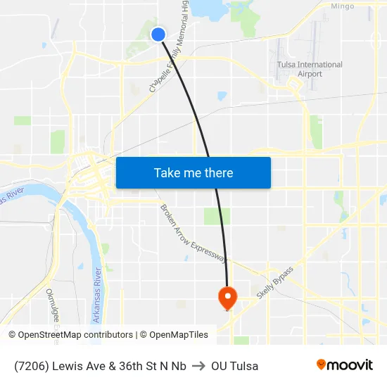 (7206) Lewis Ave & 36th St N Nb to OU Tulsa map