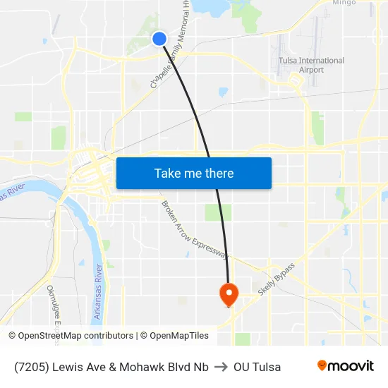 (7205) Lewis Ave & Mohawk Blvd Nb to OU Tulsa map