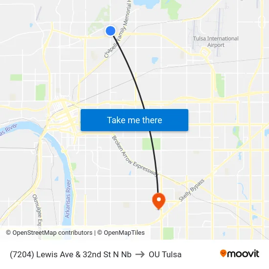 (7204) Lewis Ave & 32nd St N Nb to OU Tulsa map
