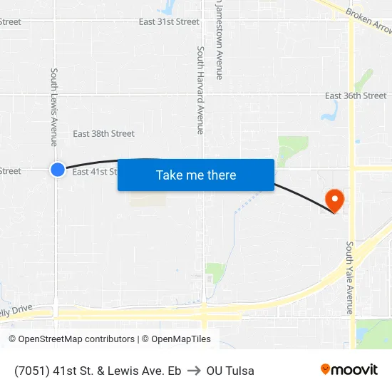 (7051) 41st St. & Lewis Ave. Eb to OU Tulsa map
