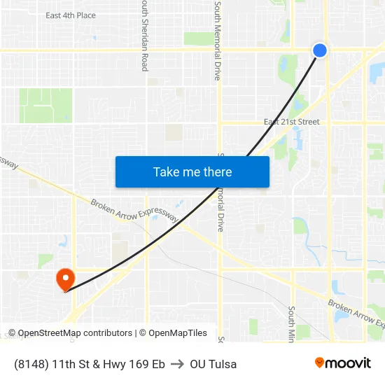(8148) 11th St & Hwy 169 Eb to OU Tulsa map