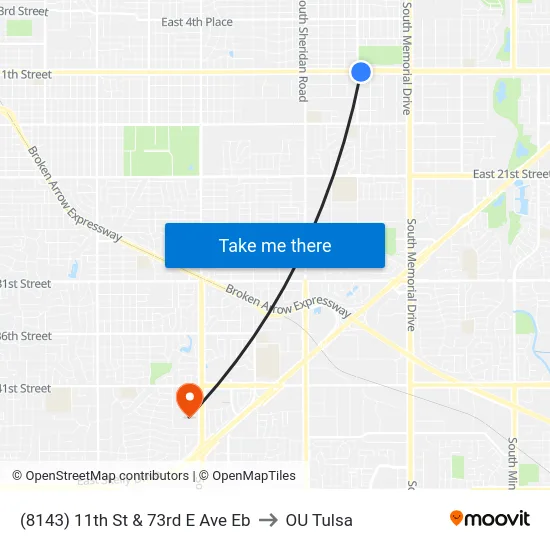 (8143) 11th St & 73rd E Ave Eb to OU Tulsa map