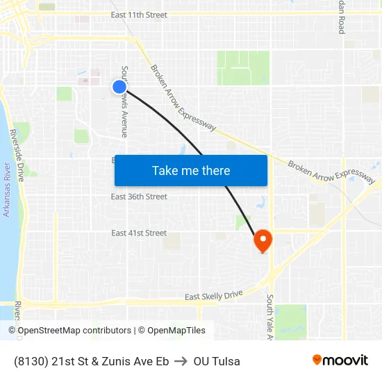 (8130) 21st St & Zunis Ave Eb to OU Tulsa map