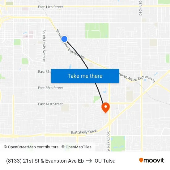 (8133) 21st St & Evanston Ave Eb to OU Tulsa map