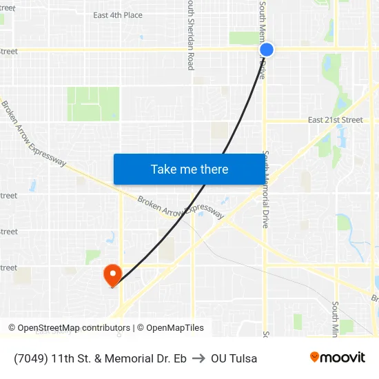 (7049) 11th St. & Memorial Dr. Eb to OU Tulsa map