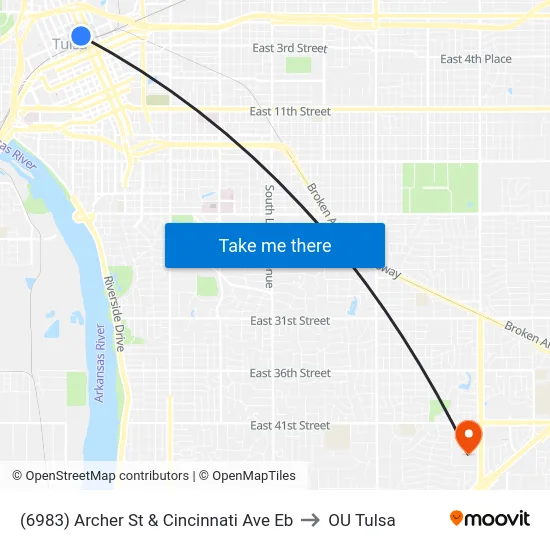 (6983) Archer St & Cincinnati Ave Eb to OU Tulsa map