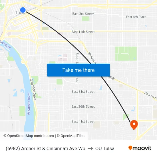 (6982) Archer St & Cincinnati Ave Wb to OU Tulsa map