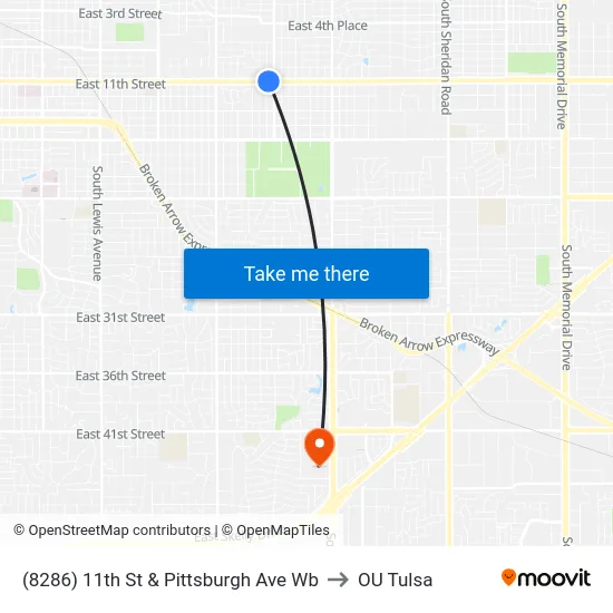 (8286) 11th St & Pittsburgh Ave Wb to OU Tulsa map