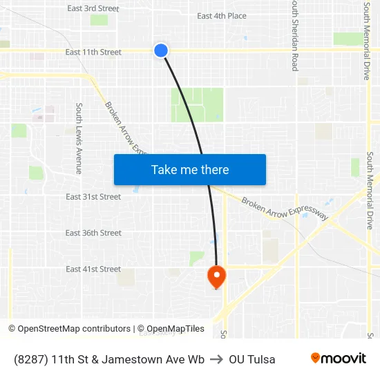 (8287) 11th St & Jamestown Ave Wb to OU Tulsa map