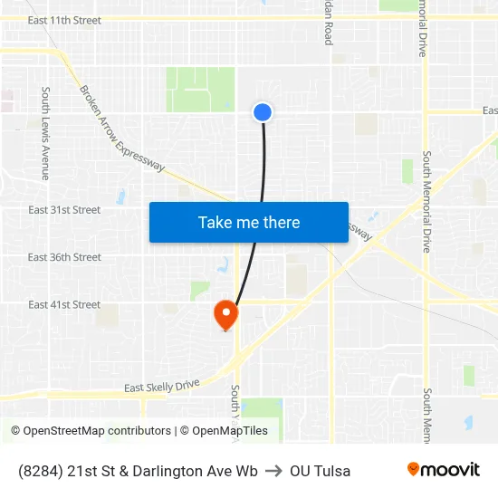 (8284) 21st St & Darlington Ave Wb to OU Tulsa map