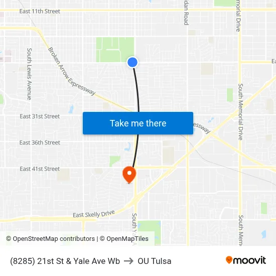 (8285) 21st St & Yale Ave Wb to OU Tulsa map