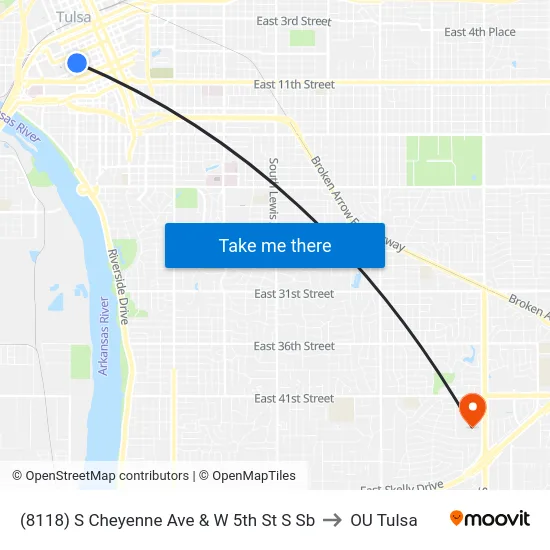 (8118) S Cheyenne Ave & W 5th St S Sb to OU Tulsa map