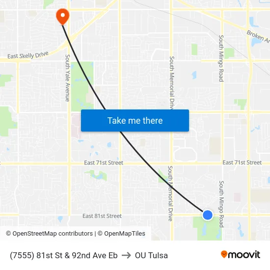 (7555) 81st St & 92nd Ave Eb to OU Tulsa map