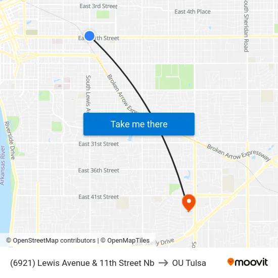 (6921) Lewis Avenue & 11th Street Nb to OU Tulsa map