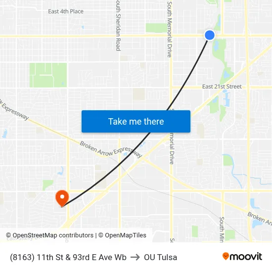 (8163) 11th St & 93rd E Ave Wb to OU Tulsa map