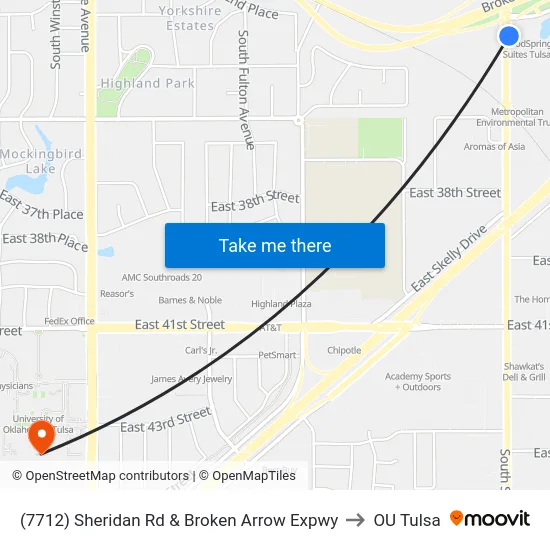 (7712) Sheridan Rd & Broken Arrow Expwy to OU Tulsa map