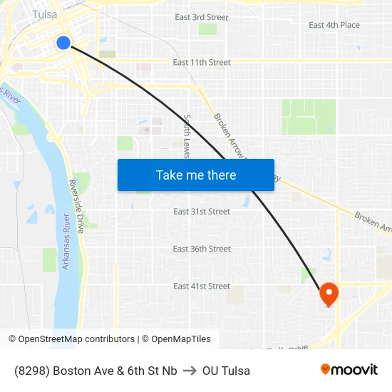 (8298) Boston Ave & 6th St Nb to OU Tulsa map