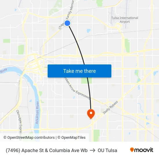 (7496) Apache St & Columbia Ave Wb to OU Tulsa map