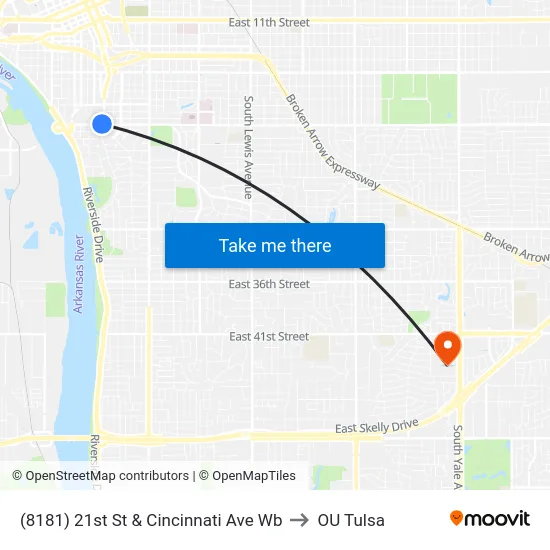 (8181) 21st St & Cincinnati Ave Wb to OU Tulsa map