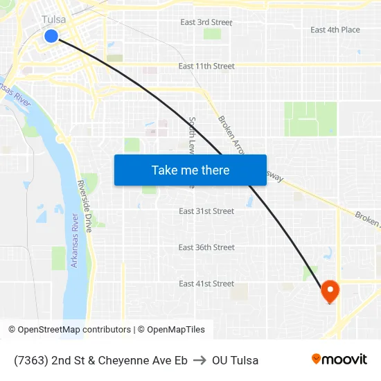(7363) 2nd St & Cheyenne Ave Eb to OU Tulsa map