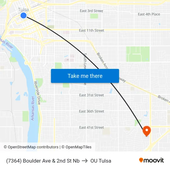 (7364) Boulder Ave & 2nd St Nb to OU Tulsa map