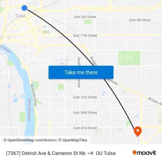 (7367) Detroit Ave & Cameron St Nb to OU Tulsa map