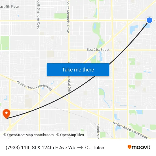 (7933) 11th St & 124th E Ave Wb to OU Tulsa map