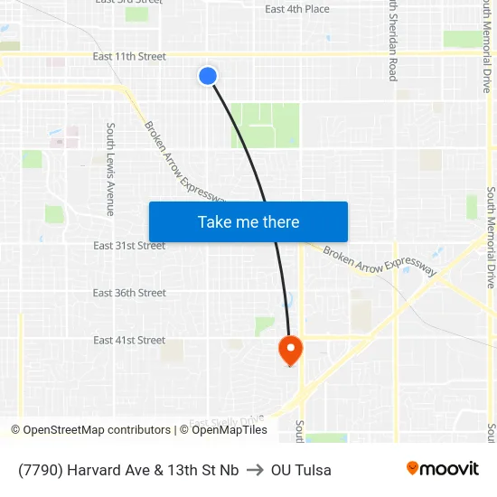 (7790) Harvard Ave & 13th St Nb to OU Tulsa map