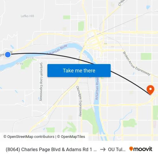 (8064) Charles Page Blvd & Adams Rd 1 Wb to OU Tulsa map